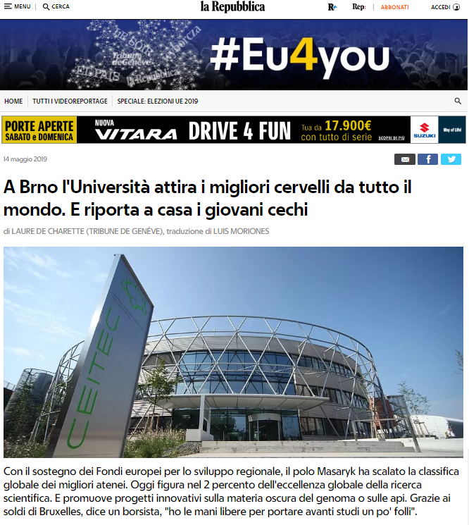 International Media El Pais And La Repubblica Reported On Ceitec Mu Leading Research Institute Draws Scientific Talent To The Czech Republic Ceitec Vyzkumne Centrum